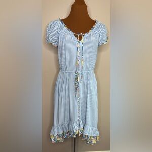 Matilda Jane Come Away With Me Dress Blue Stripe Floral Ruffles Hi Low Size XS